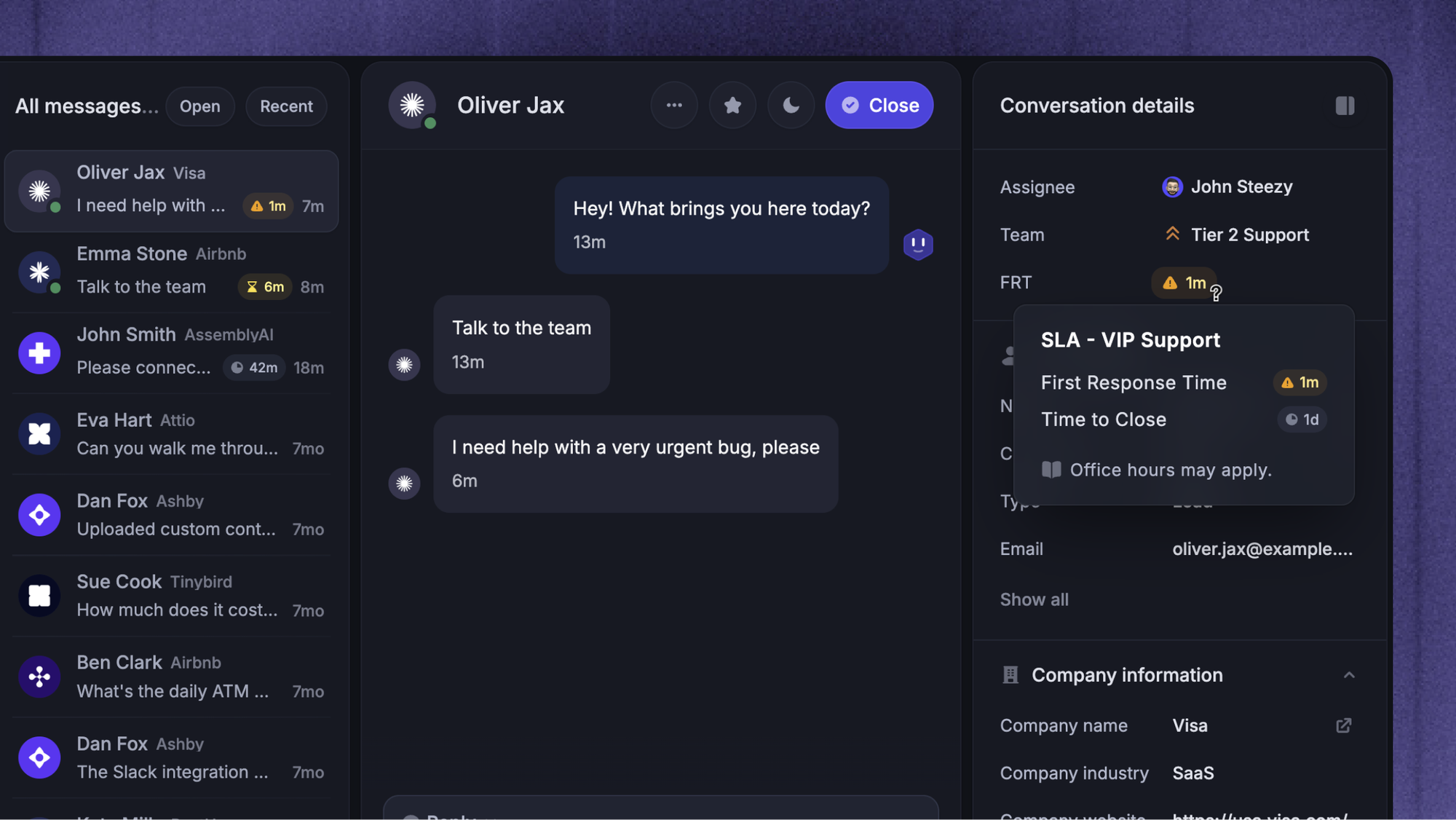 Featurebase inbox showing a customer conversation and SLA details.
