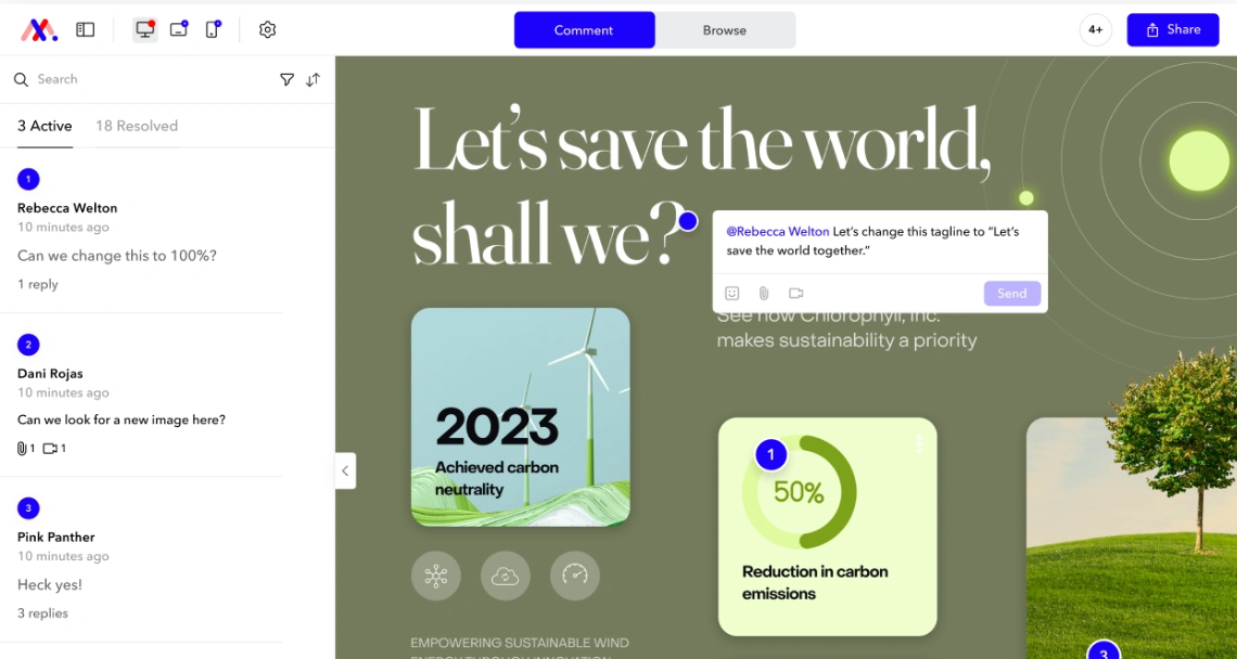 Markup.io interface showing comments and numbered annotations placed directly on a website design.