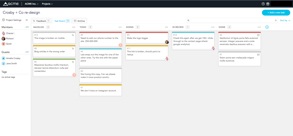BugHerd task board showing website feedback organized into backlog, to-do, in-review, and completed columns.