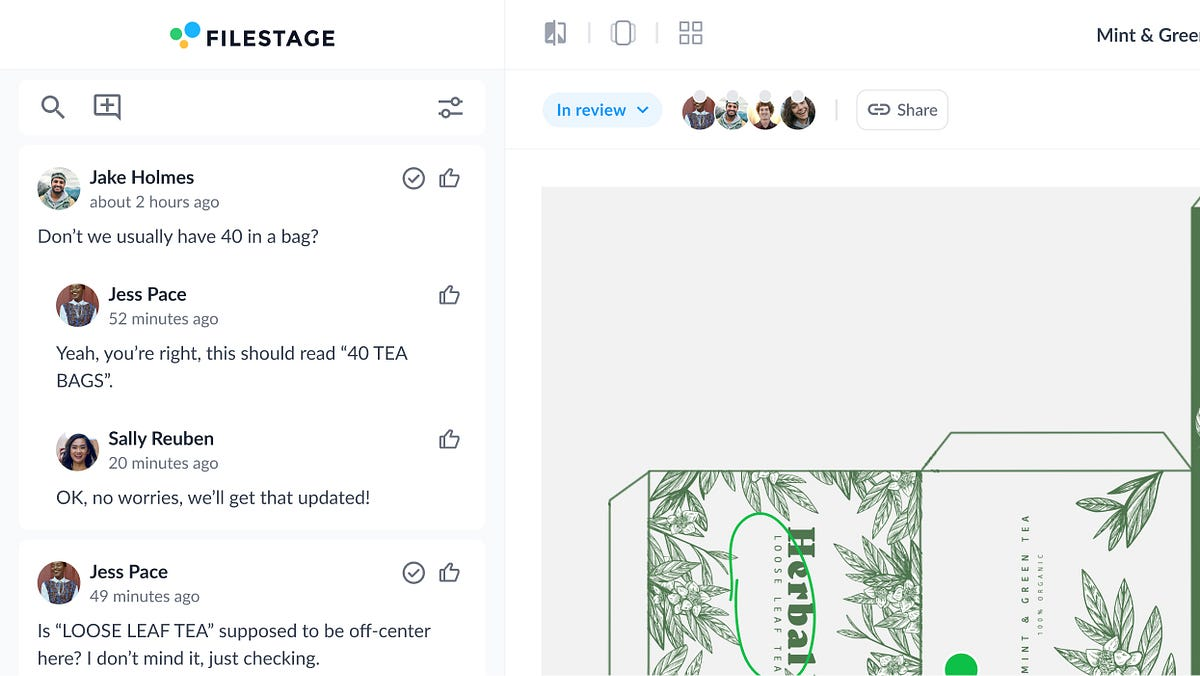 Filestage review workspace showing team comments beside a product packaging design.