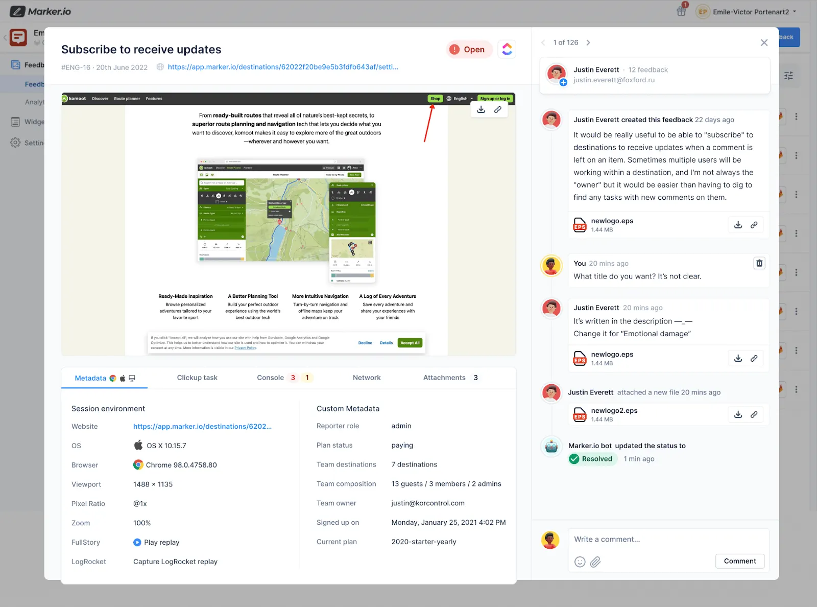 Marker.io feedback report showing a website screenshot, technical details, attachments, and a comment thread.