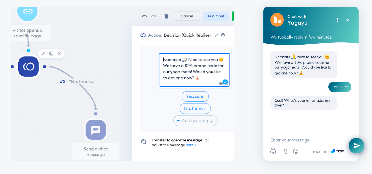 Tidio chatbot automation builder showing a simple decision flow beside a live chat widget preview.