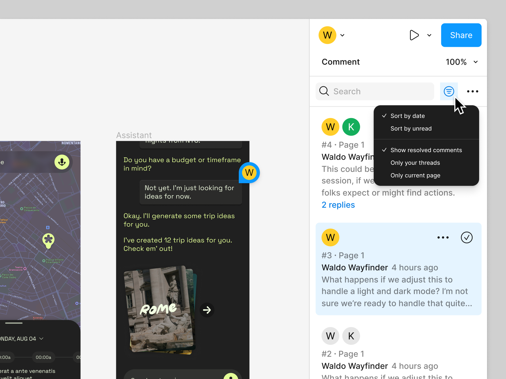 Figma design file with a comments panel showing feedback, replies, and resolved comment filters.