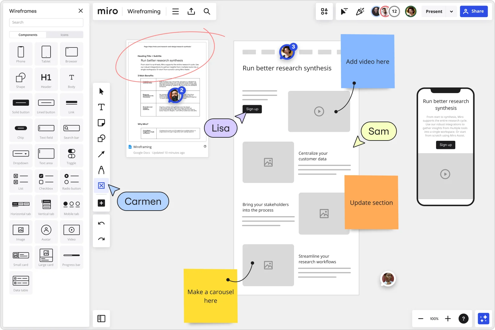 Miro collaborative whiteboard with wireframes, sticky notes, comments, and feedback from several team members.