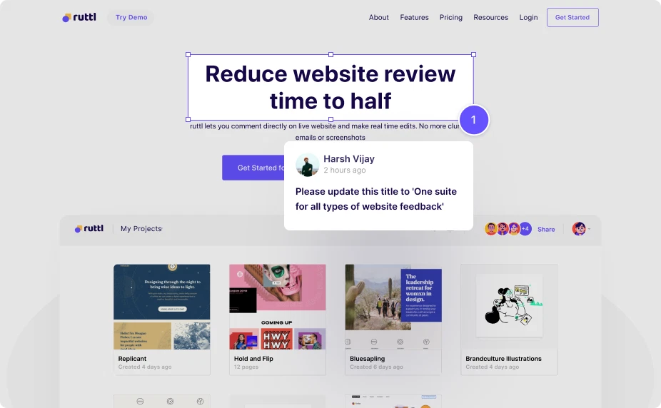 Ruttl website review interface with a comment attached directly to a page headline.