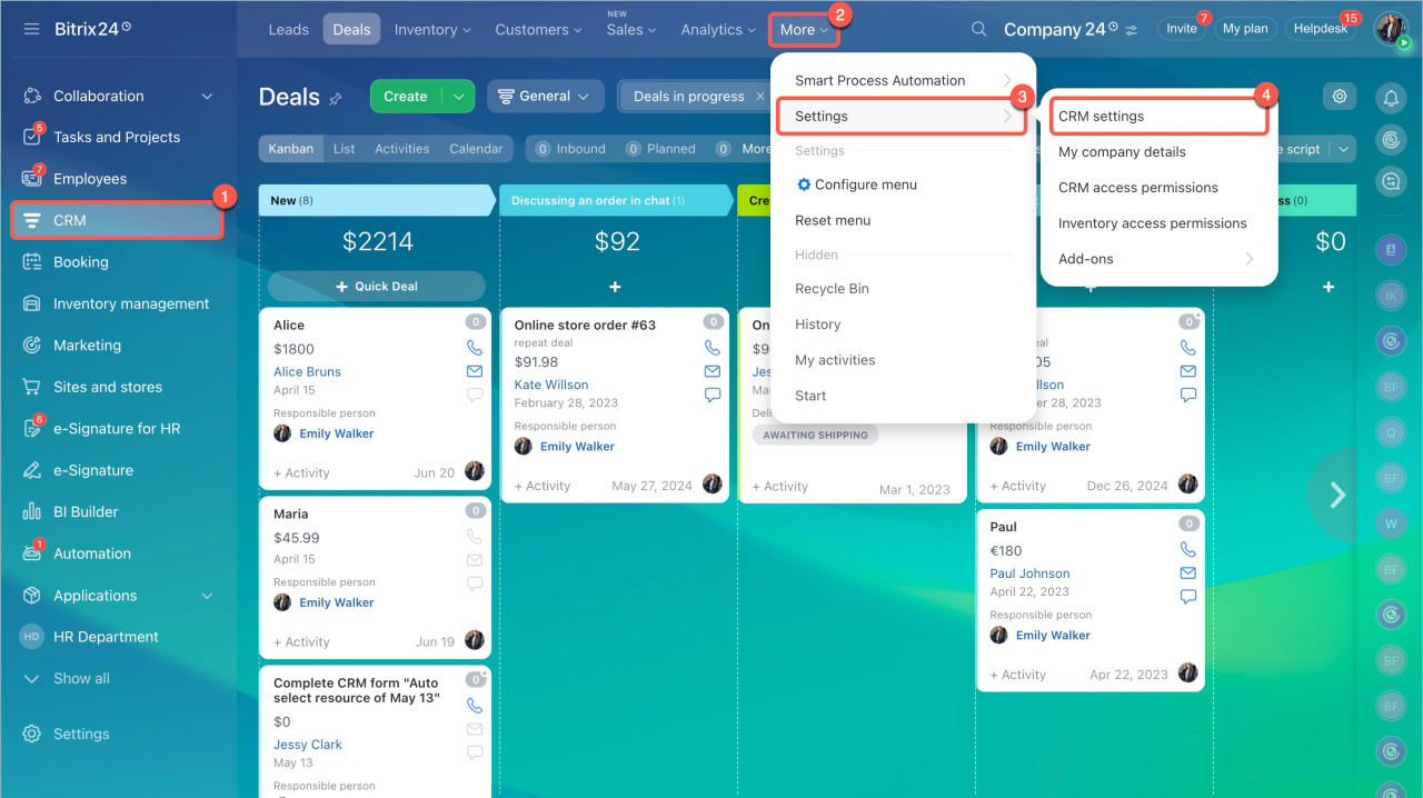 Bitrix24 CRM dashboard showing deals in a Kanban pipeline with CRM settings open.