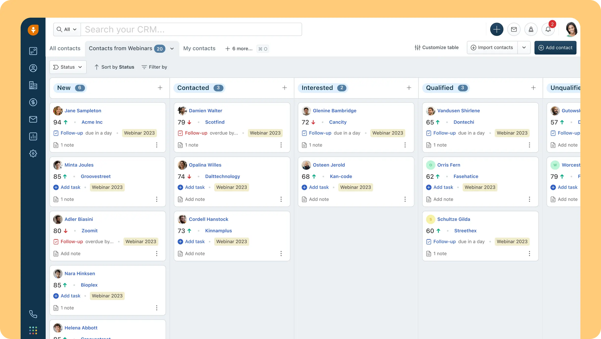 Freshsales CRM contact board showing leads organized by status, from new to qualified.