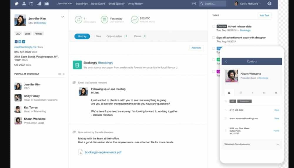 Capsule CRM contact profile showing communication history, tasks, opportunities, and contact details.
