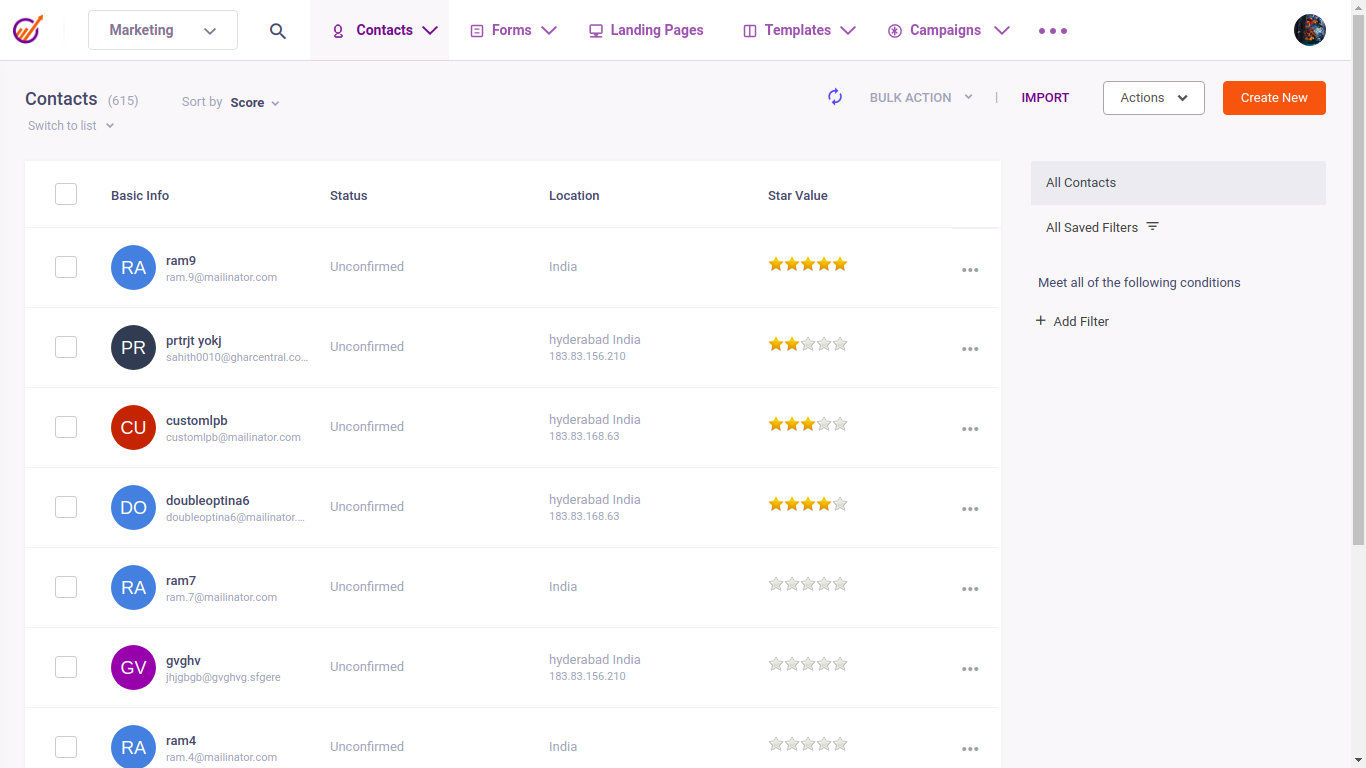 EngageBay CRM contact list showing customer details, locations, statuses, and lead ratings.