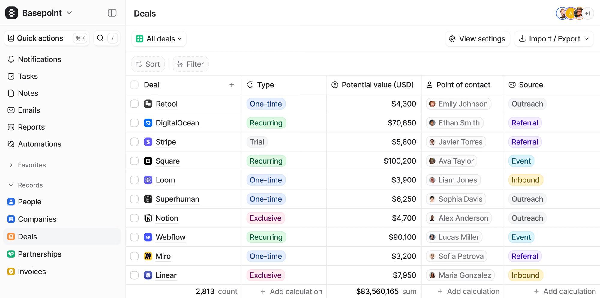 Attio CRM deals table showing companies, deal types, values, contacts, and lead sources.