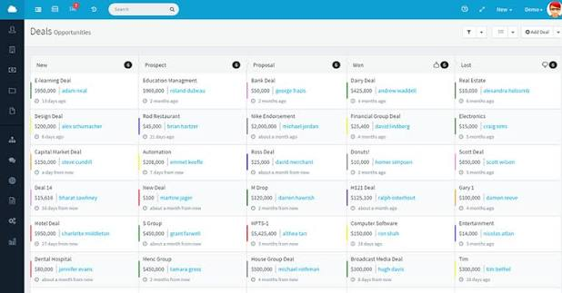 Agile CRM sales pipeline showing deals organized across multiple stages.