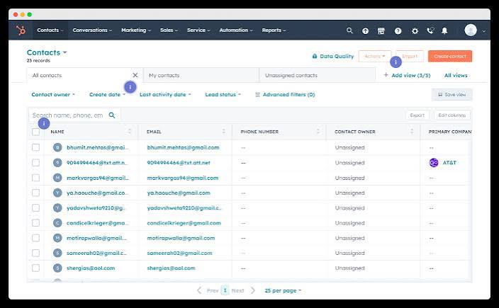 HubSpot CRM contacts dashboard showing customer records, contact owners, lead status, and company information.
