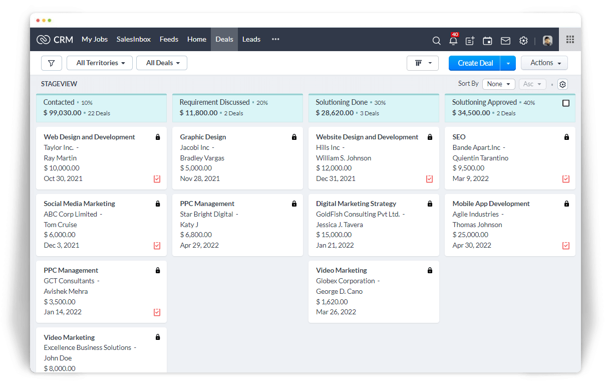 Zoho CRM deals dashboard showing sales opportunities organized by pipeline stage.