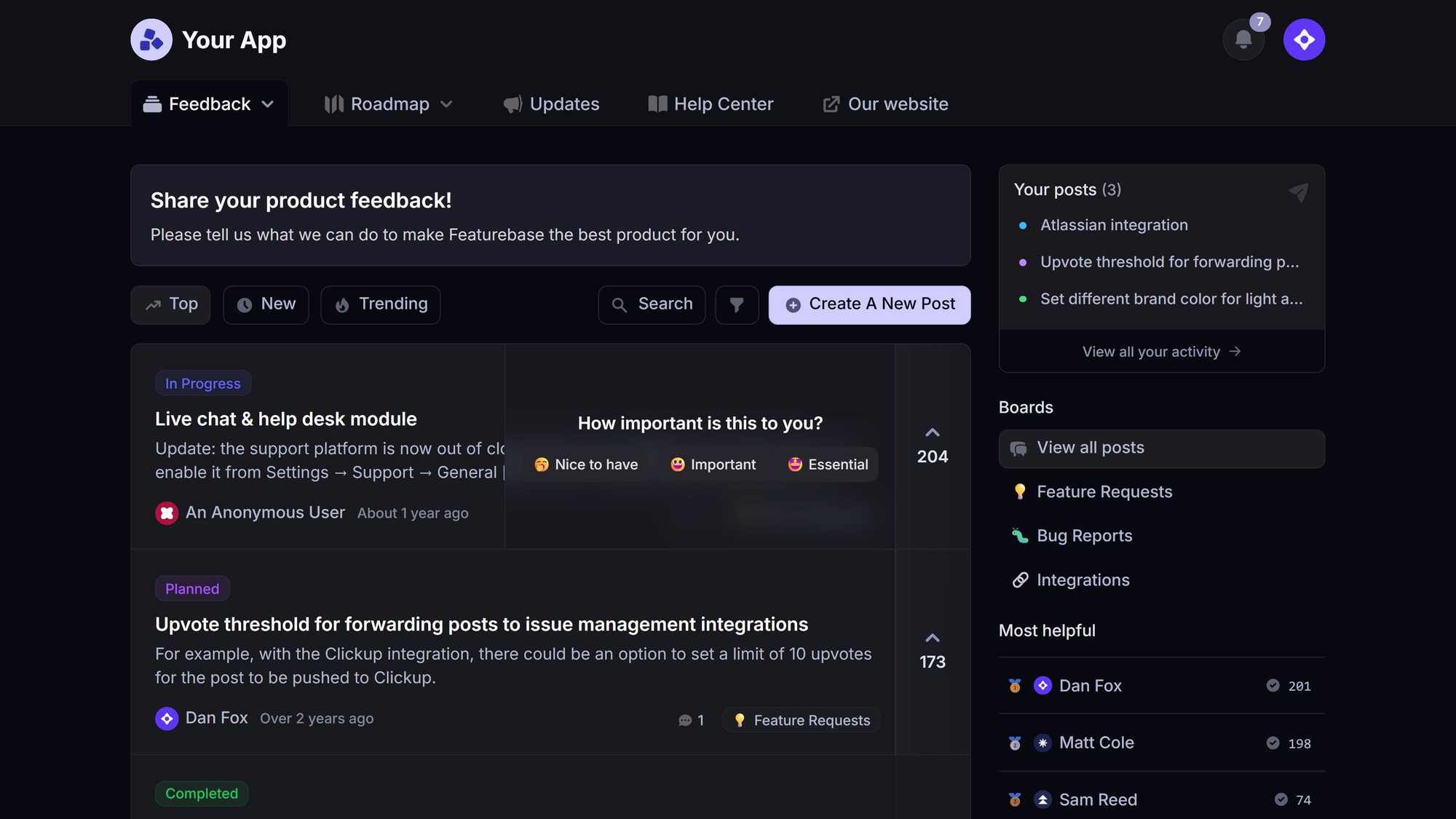Featurebase feedback board showing product requests, bug reports, voting, and post statuses.
