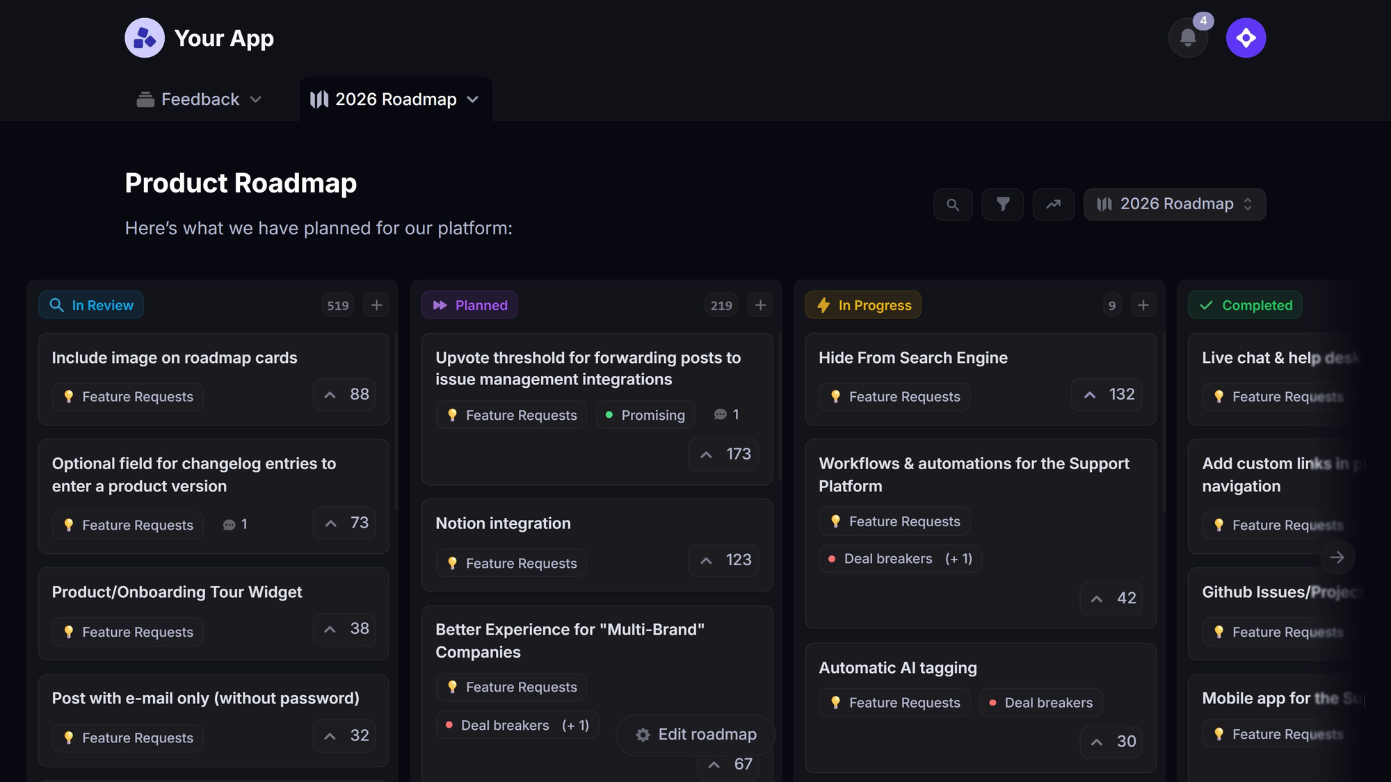 Featurebase product roadmap showing planned, in-progress, in-review, and completed updates.