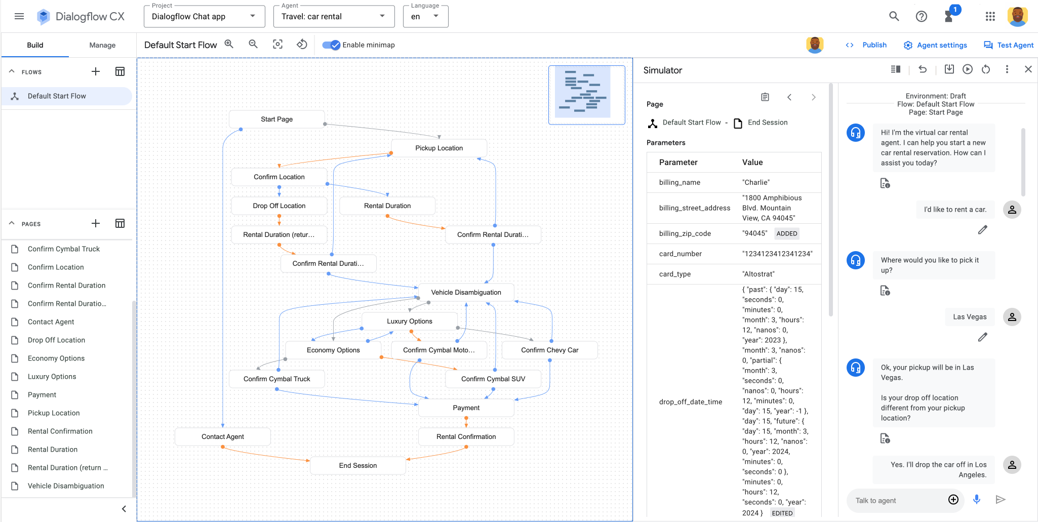 Google Dialogflow CX interface showing a complex chatbot flow with a simulator panel.