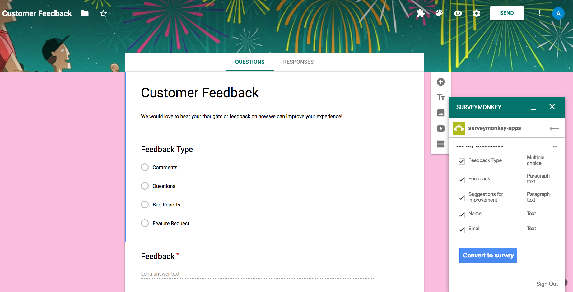 SurveyMonkey editor displaying a customer feedback form with multiple question types.