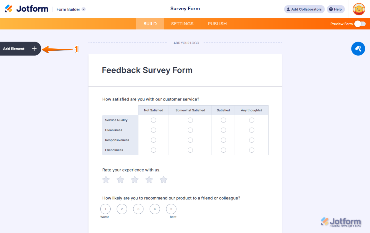 Jotform builder displaying a feedback survey with satisfaction ratings and an NPS question.