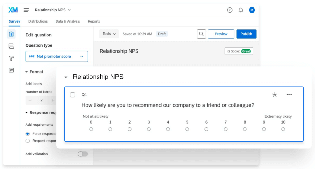 Qualtrics survey editor showing a relationship NPS question with a 0-to-10 rating scale.