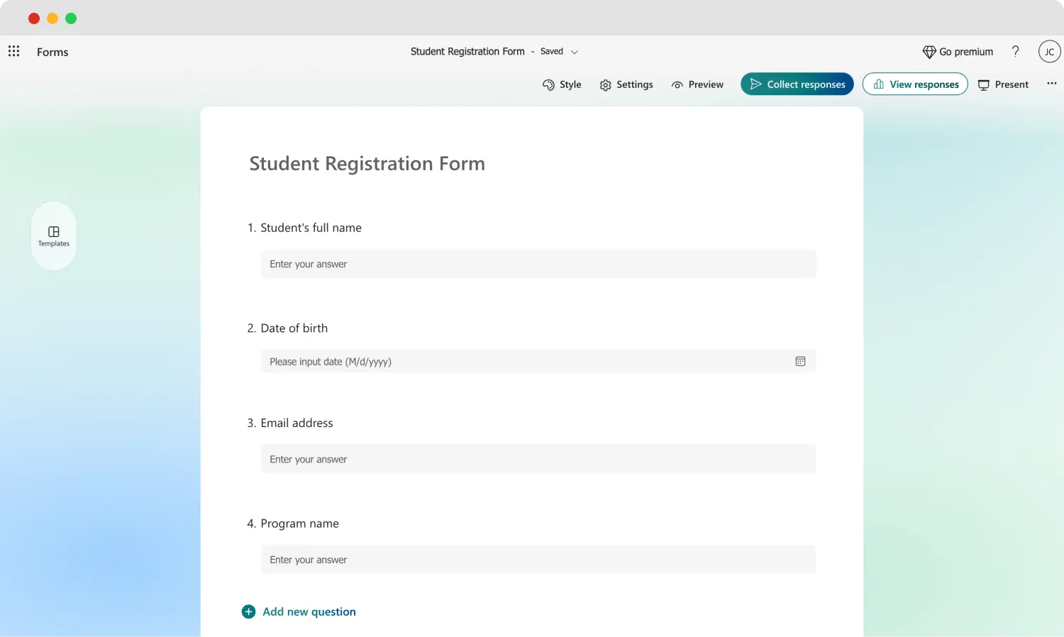 Microsoft Forms editor displaying a student registration form with contact and program fields.