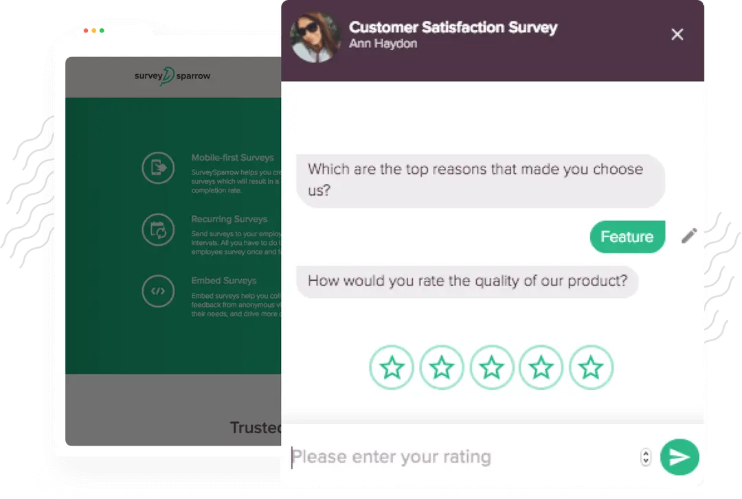 SurveySparrow customer satisfaction survey using conversational questions and star ratings.