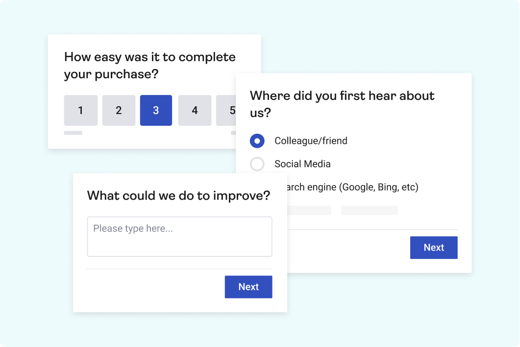 Hotjar survey examples featuring rating scales, multiple-choice questions, and written feedback fields.