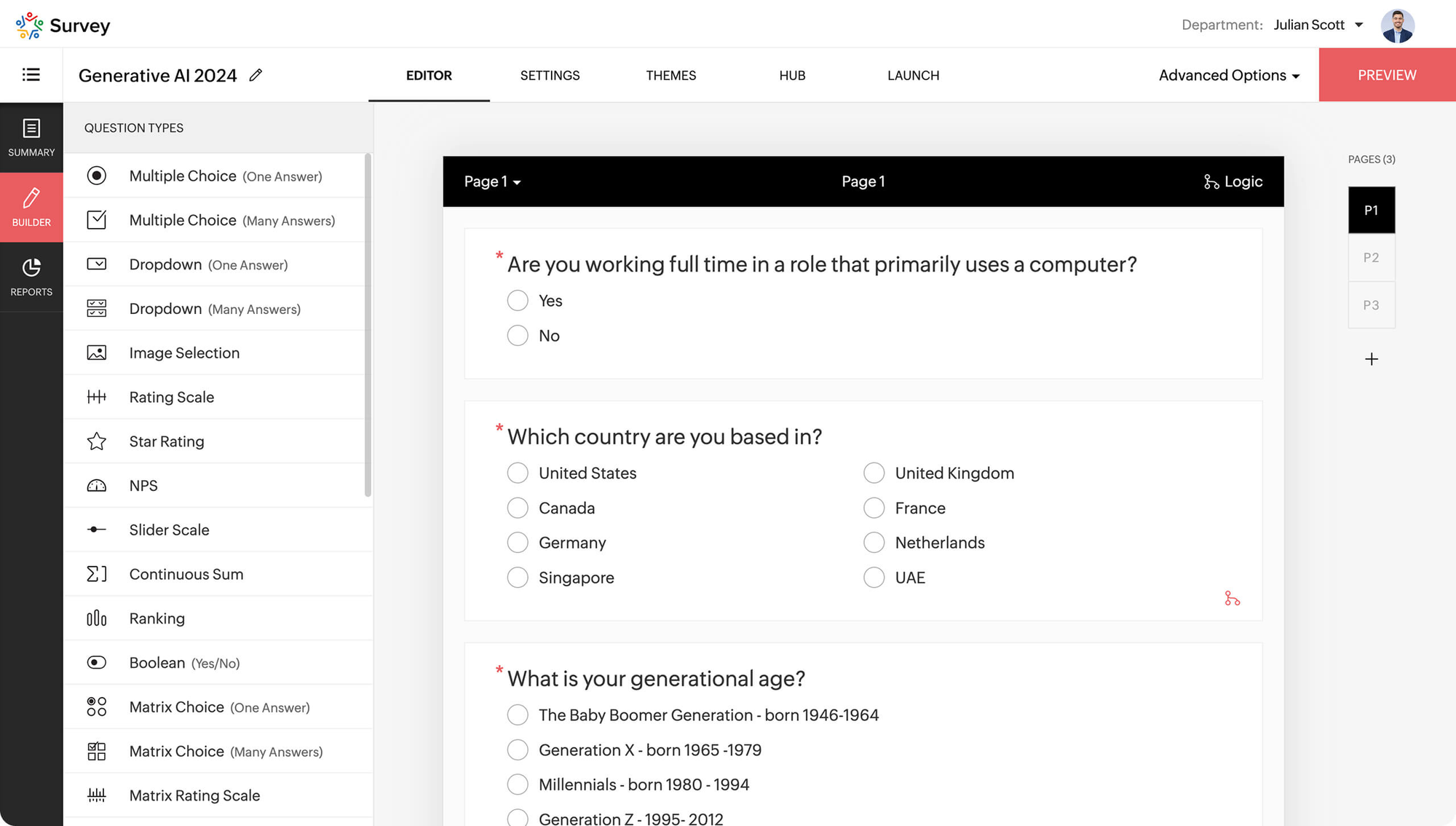Zoho Survey editor showing a questionnaire with employment, location, and age questions.