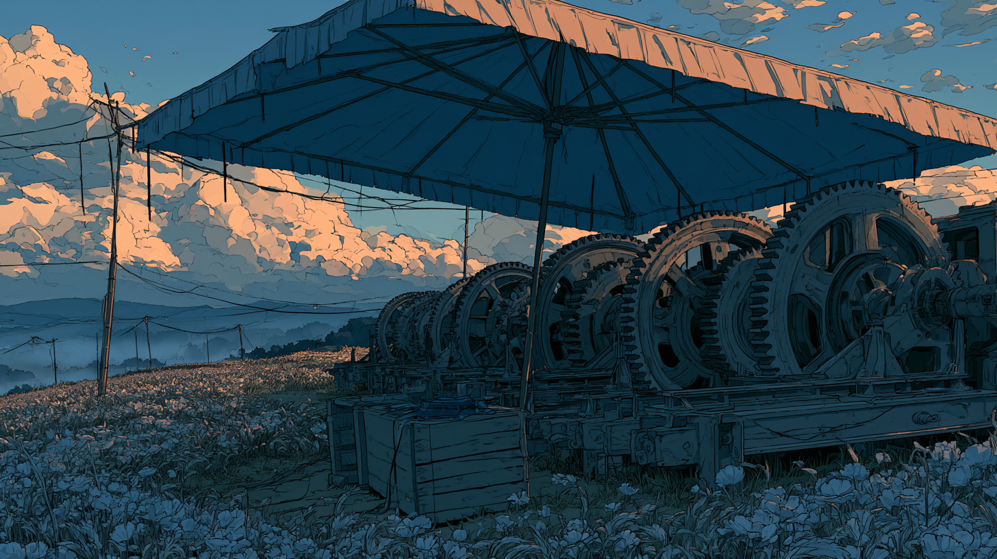 Illustration of industrial gears under a canopy, used for a guide on insurance chatbots.