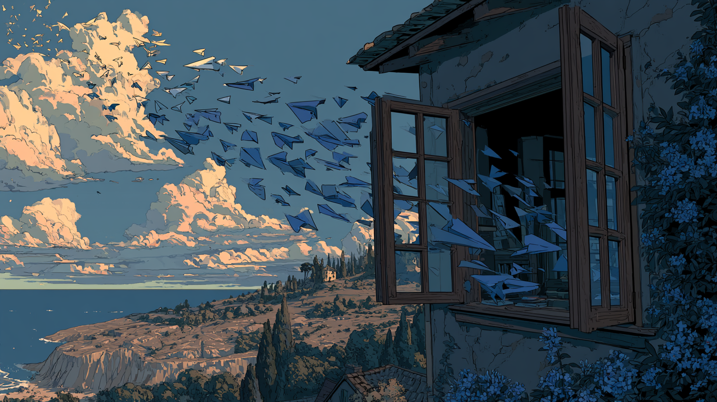 Paper planes flying out of a window for an Intercom feature requests blog.