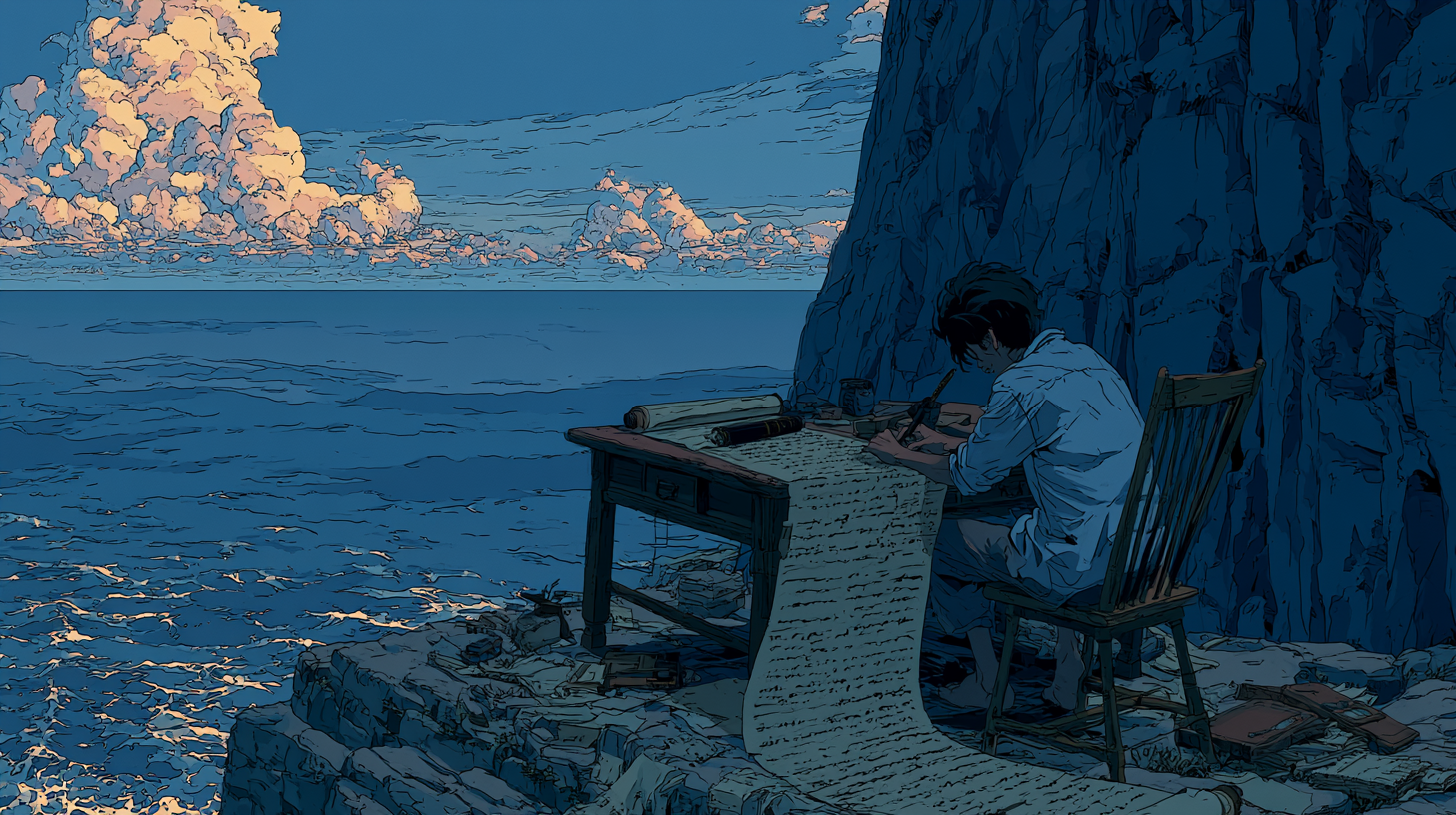 A person writes a long manuscript at a desk beside the sea, representing the process of creating a knowledge base article.