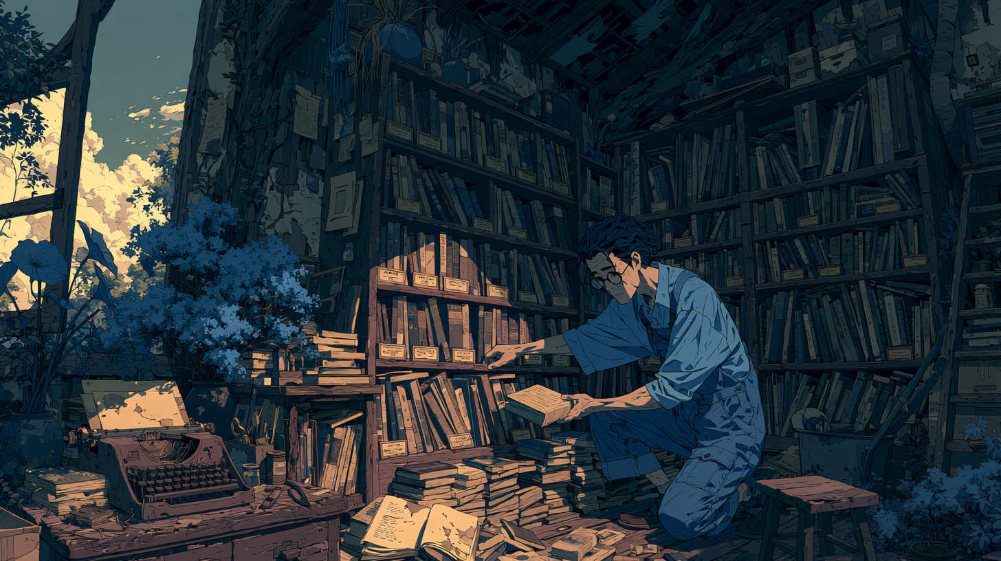 Person organizing books and documents in a large library, representing knowledge base management and self-service support.