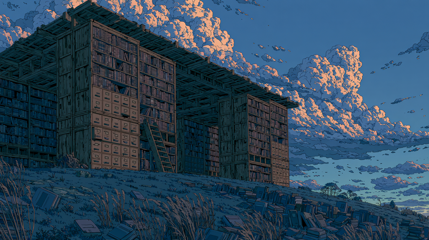 Illustration of a large outdoor library with towering bookshelves and filing drawers, representing an organized knowledge management system.