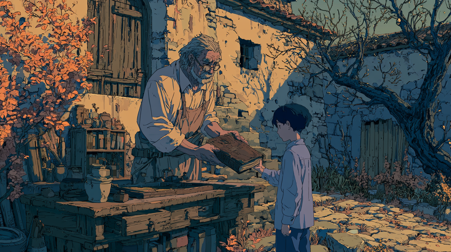 An older craftsman passes a large book to a young person, representing the transfer of knowledge between generations.