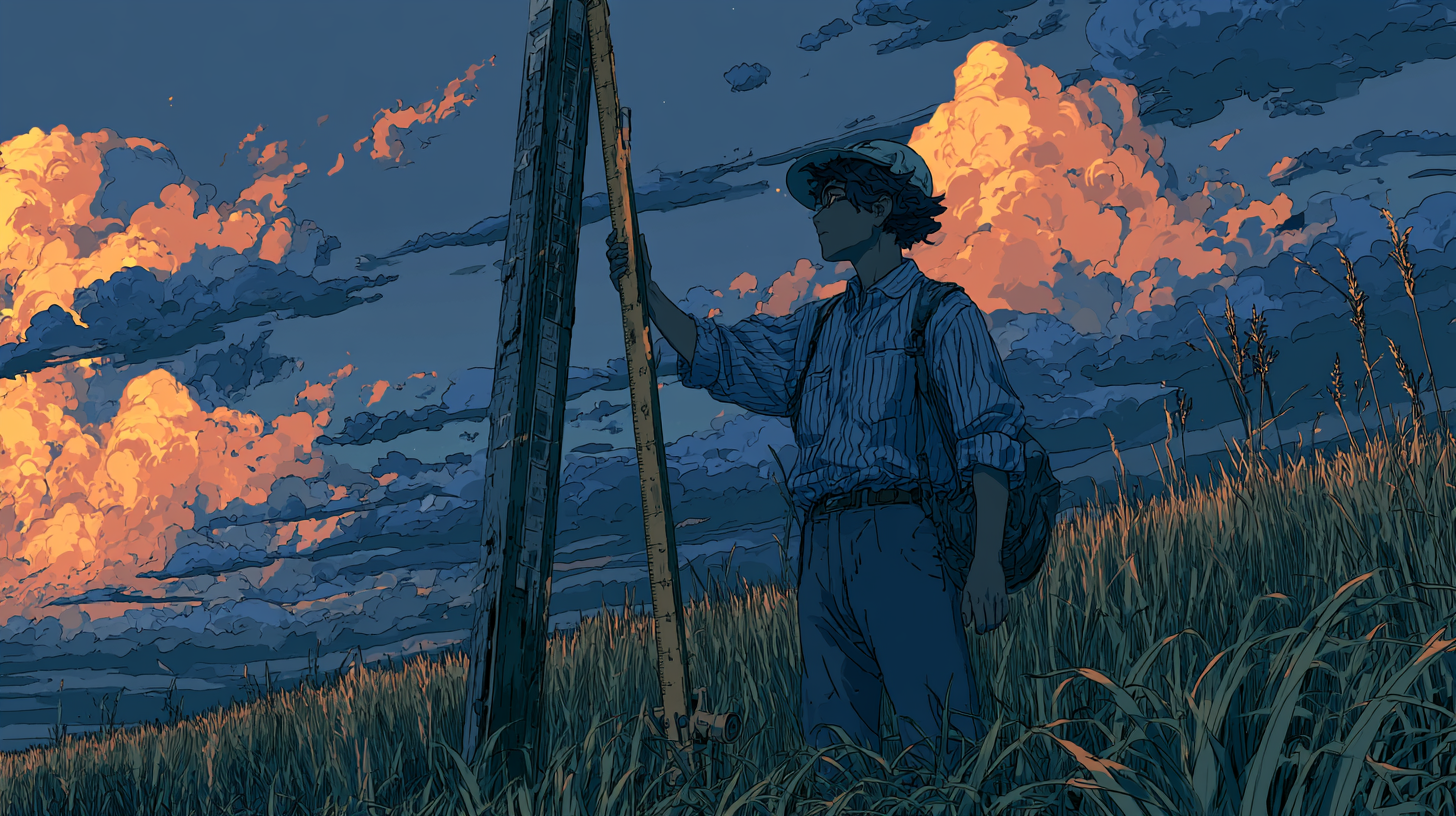 Illustration of a person measuring a signpost in a grassy field at sunset.