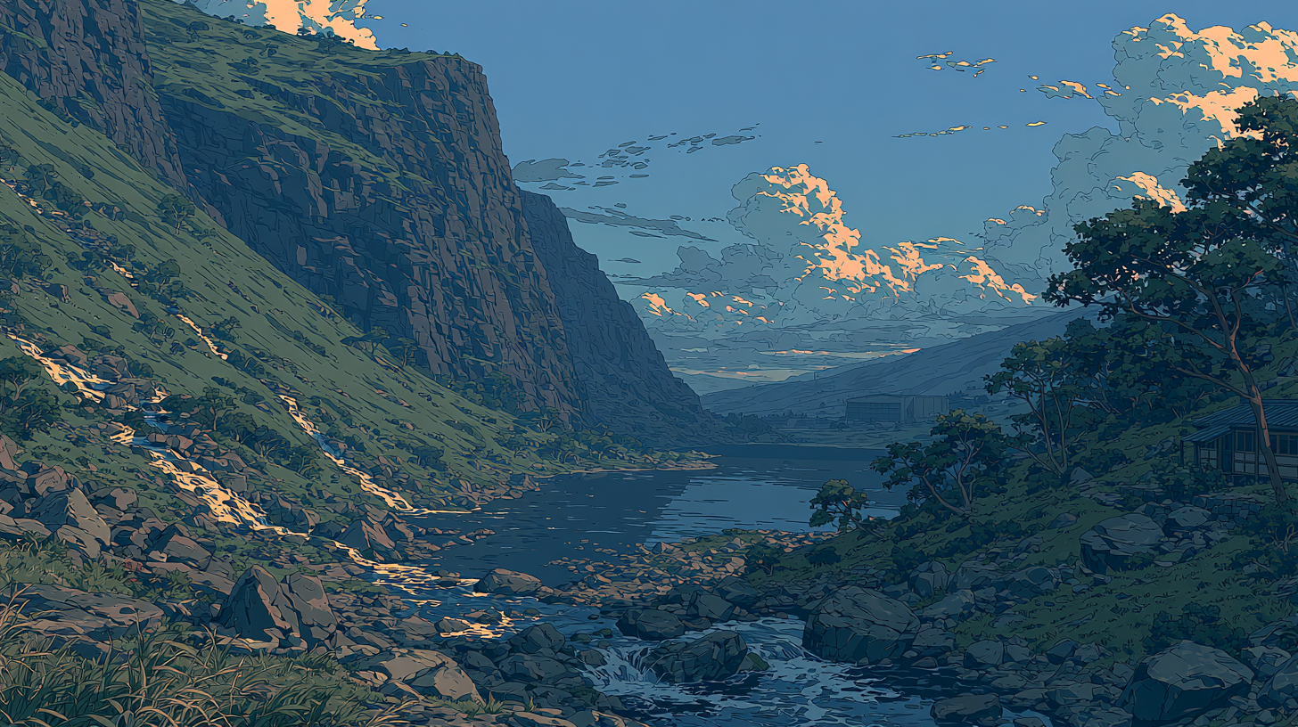 Illustration of a peaceful mountain valley with a river flowing between steep cliffs at sunset.