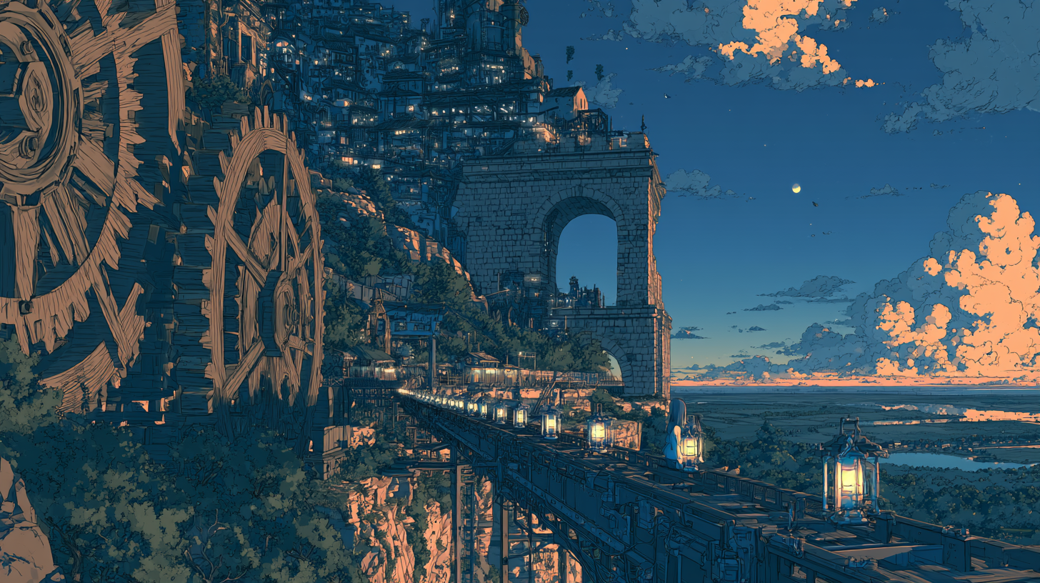 An automated railway moving through a mechanical city, representing customer onboarding automation.
