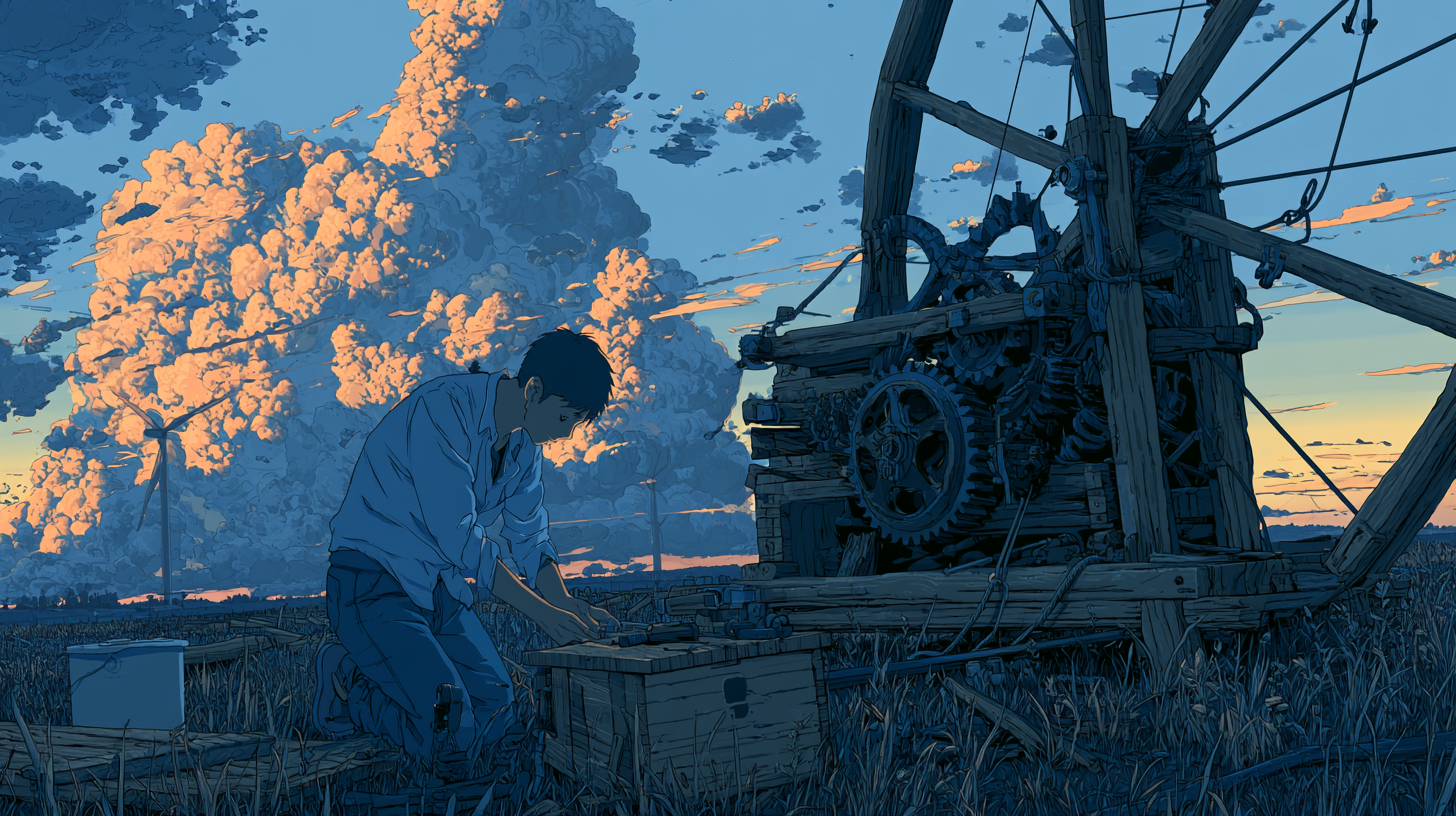 Illustration of a person working beside a large mechanical structure at sunset.