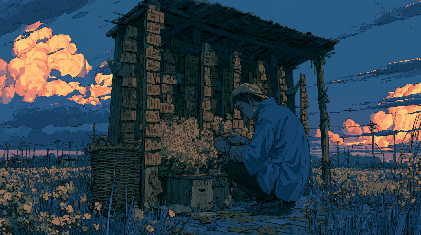 Anime-style illustration of a person sitting in a flower field beside a small wooden shed at sunset.