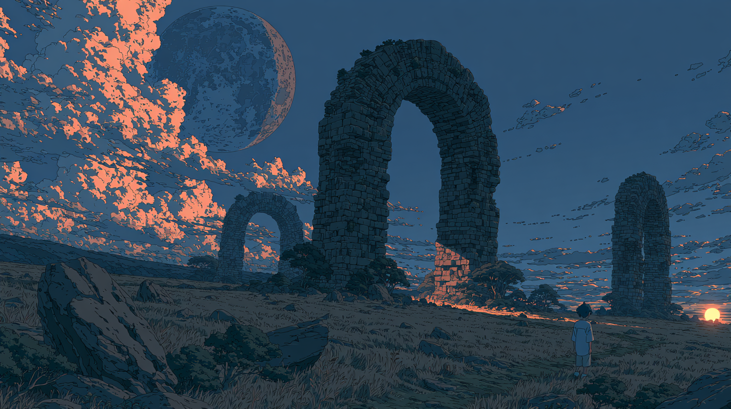Person standing among ancient stone arches at sunset, representing different alternatives to Pylon for B2B support.