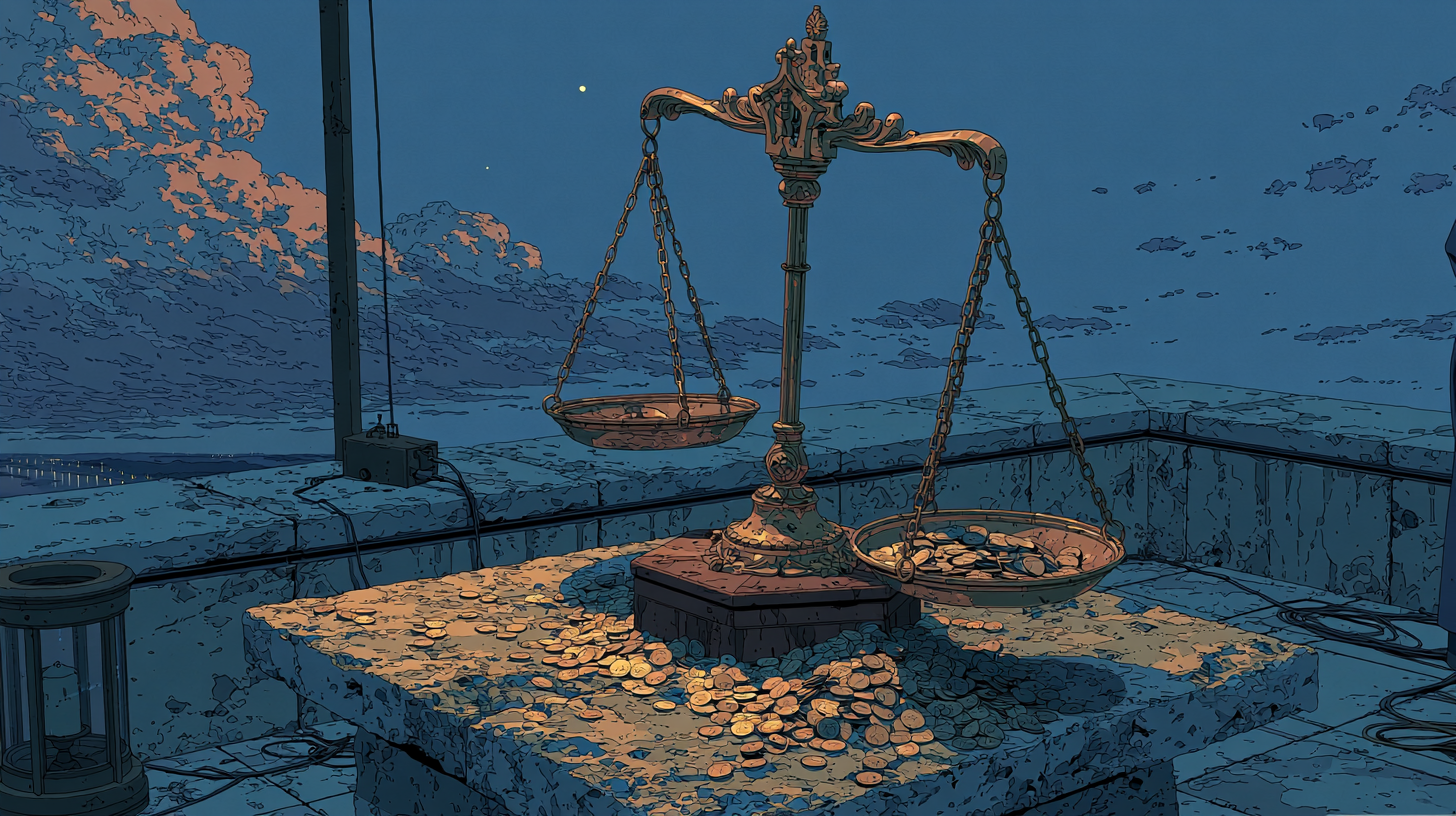 Balance scale surrounded by coins, representing the cost and value of Pylon’s pricing.