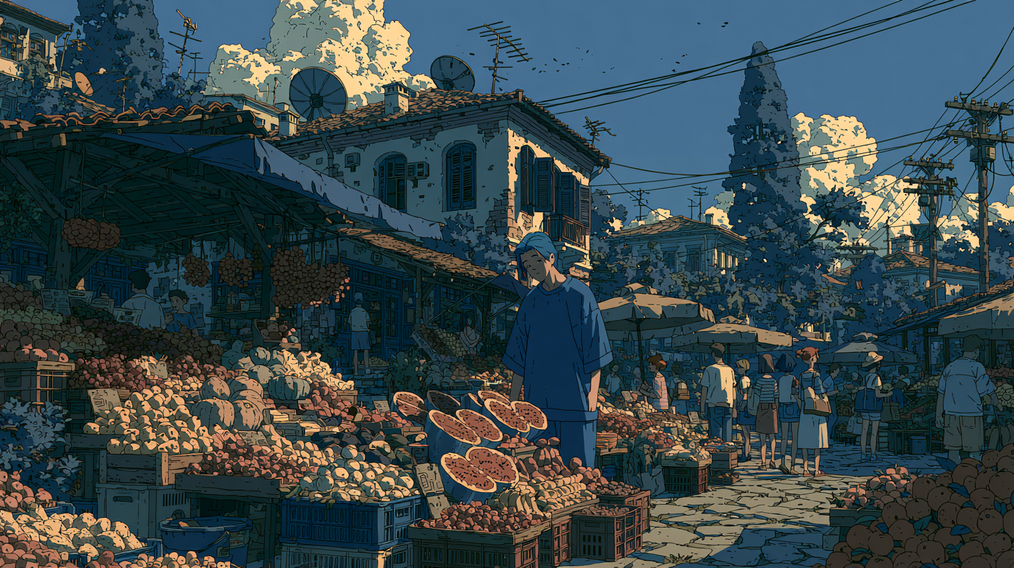 Illustration of shoppers browsing a busy outdoor market.