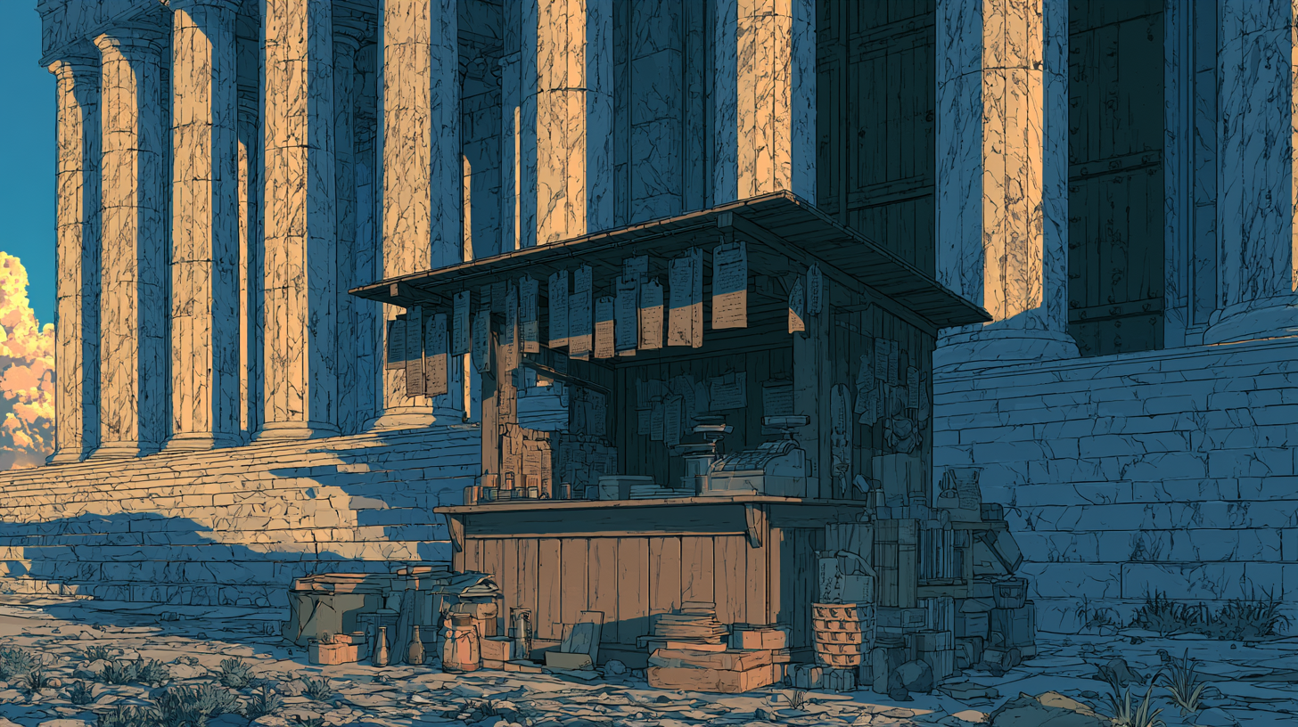 Anime-style illustration of a small wooden service booth in front of large stone columns.