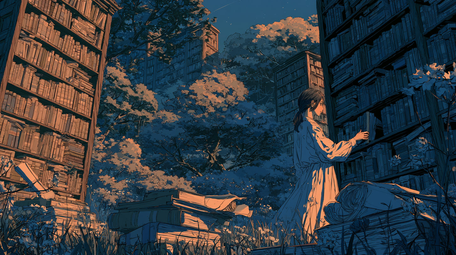 A person searches through towering outdoor bookshelves, representing Slite alternatives for knowledge bases.