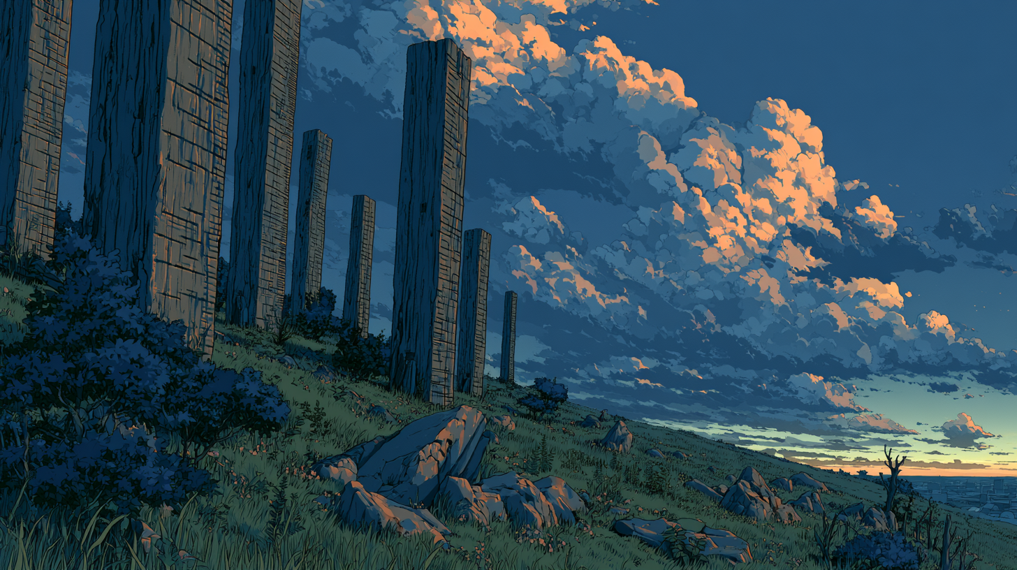 Illustration of tall stone pillars in a grassy field at sunset.
