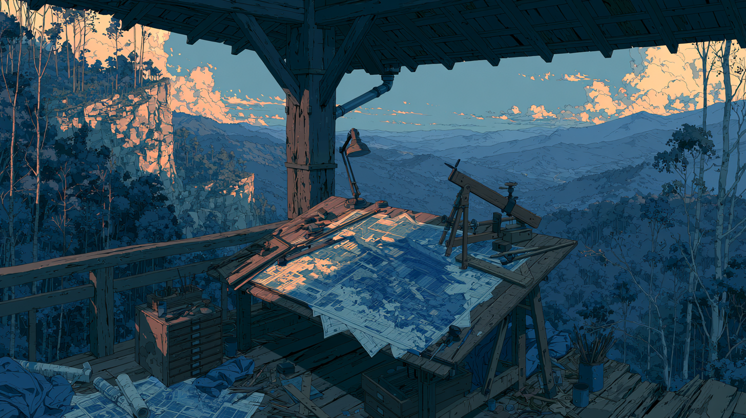 A drafting table covered with technical drawings and measuring tools, overlooking a mountain landscape.