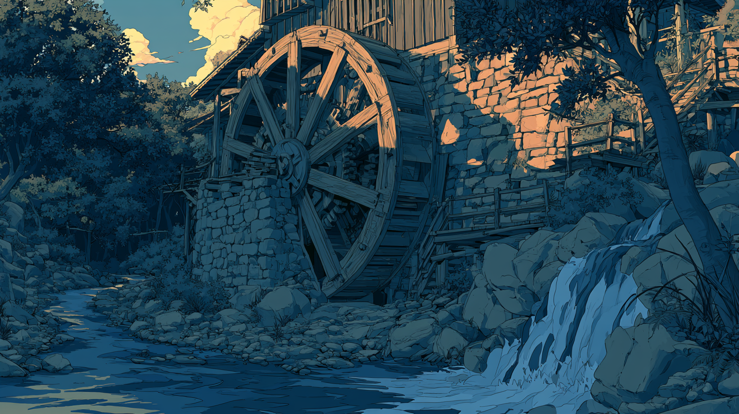 Illustration of a rustic watermill by a stream, used for a customer service automation guide.