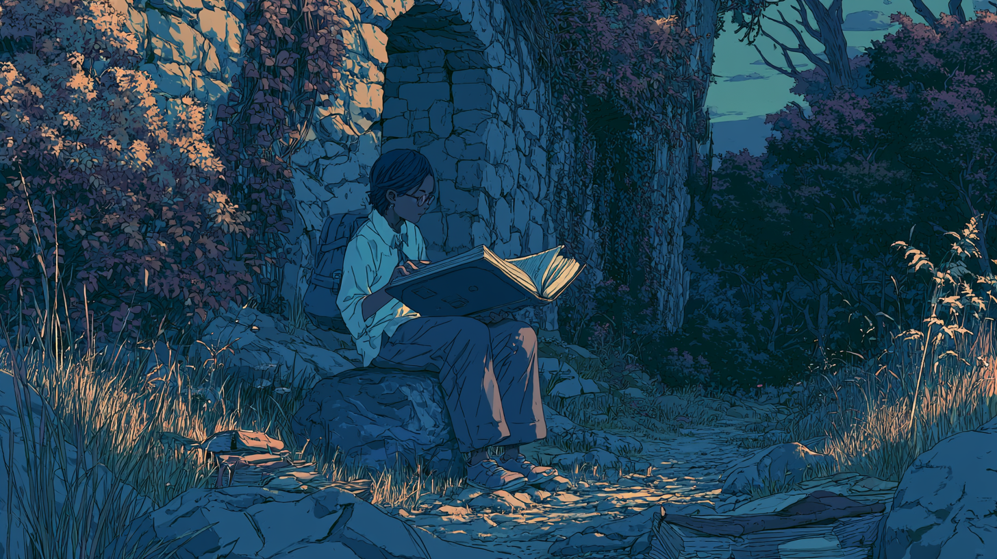 Illustration of a person reading a large open book beside stone ruins, representing knowledge discovery and management.