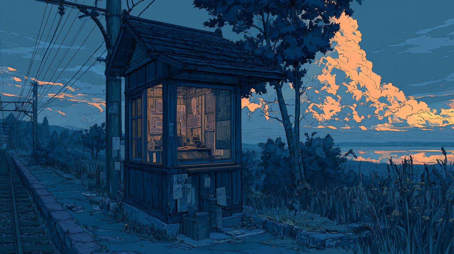 Anime-style illustration of a small wooden booth beside train tracks at sunset, with glowing clouds in the background.