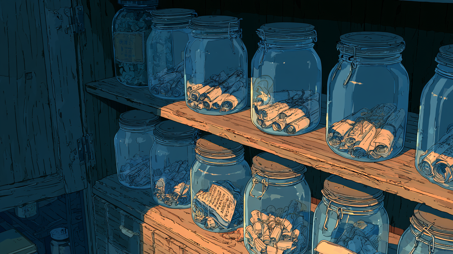Jars filled with rolled-up notes, representing saved canned responses.