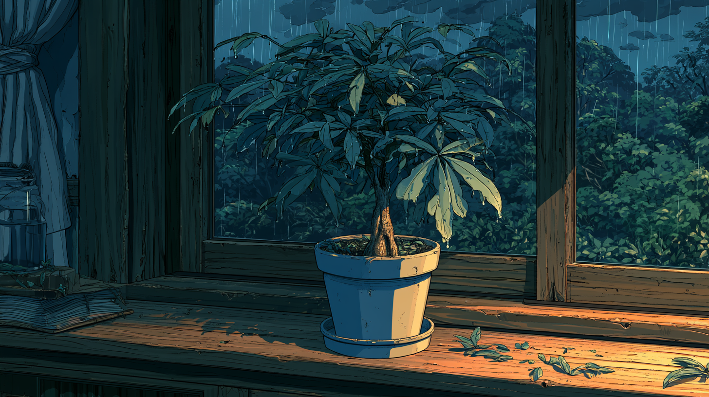 A struggling potted plant by a rainy window, representing customer dissatisfaction.